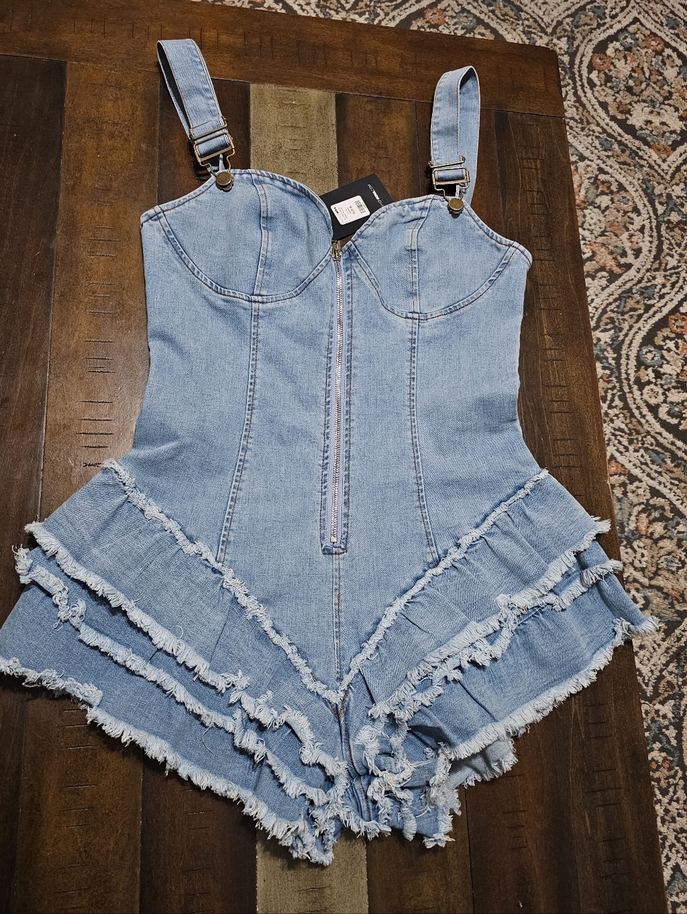 Fashion Nova Overall Romper Womens Light  Blue Size XL Denim Ruffle Jeans - Picture 2 of 12